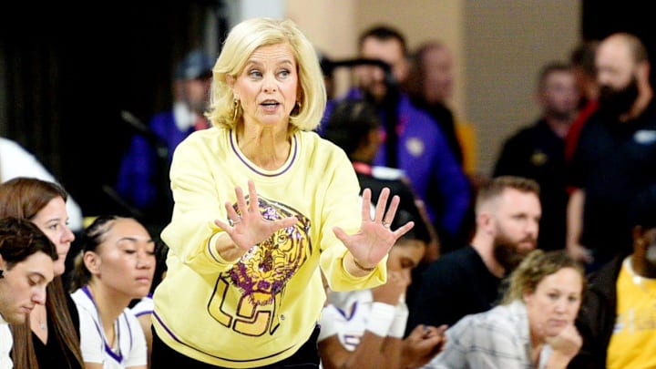 LSU women's basketball coach, Kim Mulkey, during their game against Grambling Sunday afternoon, December 8, 2024, at the Brookshire Grocery Arena in Bossier City.