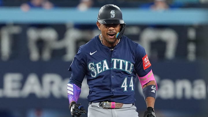 Oct 20, 2025; Toronto, Ontario, CAN; Seattle Mariners center fielder Julio Rodriguez (44) reacts after a double in the first inning against the Toronto Blue Jays during game seven of the ALCS round for the 2025 MLB playoffs at Rogers Centre. Mandatory Credit: Nick Turchiaro-Imagn Images Oct 20, 2025; Toronto, Ontario, CAN; Seattle Mariners center fielder Julio Rodriguez (44) reacts after a double in the first inning against the Toronto Blue Jays during game seven of the ALCS round for the 2025 MLB playoffs at Rogers Centre. Mandatory Credit: Nick Turchiaro-Imagn Images