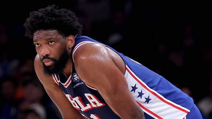 Philadelphia 76ers center Joel Embiid (21) reacts during the first quarter of game one of the eastern conference semifinal round of the 2026 NBA Playoffs against the New York Knicks at Madison Square Garden on May 4, 2026. Philadelphia 76ers center Joel Embiid (21) reacts during the first quarter of game one of the eastern conference semifinal round of the 2026 NBA Playoffs against the New York Knicks at Madison Square Garden on May 4, 2026.