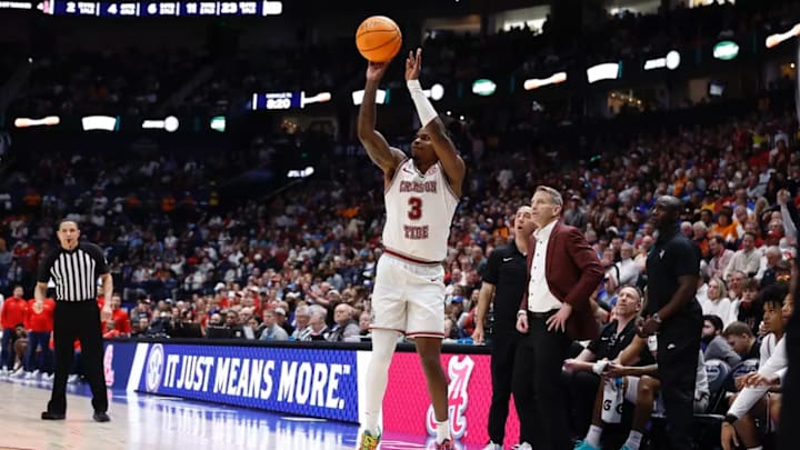 Alabama guard Latrell Wrightsell Jr. (3) in action against Ole Miss at Bridgestone Arena in Nashville, TN on Friday, Mar 13, 2026.