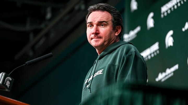 Michigan State coach Jonathan Smith listens to a question from a reporter during a press conference on the first national signing day for college football recruits Wednesday, Dec. 20, 2023, at Spartan Stadium in East Lansing.
