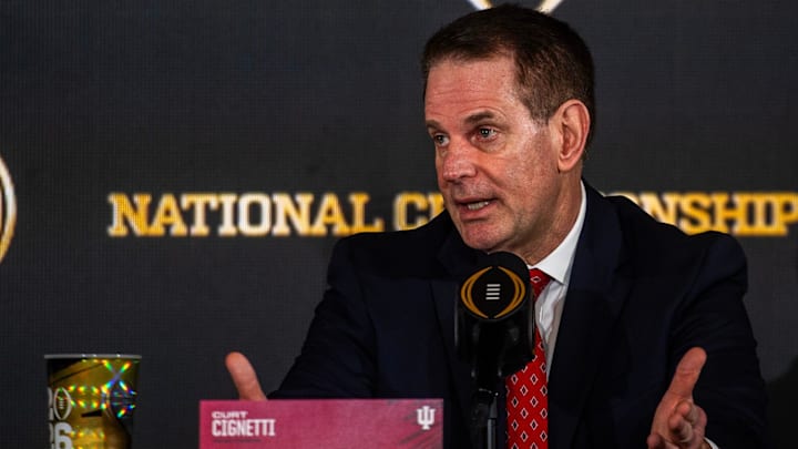 Indiana coach Curt Cignetti speaks at a press conference before the College Football Playoff National Championship