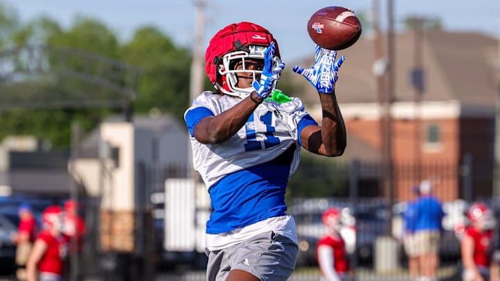Receiver Decoldest Crawford catching the ball during the LA Tech “Red River Run Through” on Tuesday, April 23, 2024, in Bossier City, La.