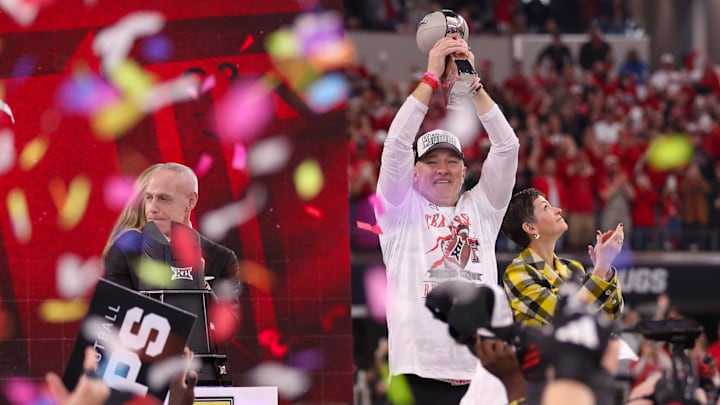 Texas Tech head coach Joey McGuire lifts the trophy as confetti starts to fall after the Red Raiders beat BYU 34-7 in Big 12 Championship football game, Saturday, Nov. 6, 2025, at AT&T Stadium in Arlington. Texas Tech head coach Joey McGuire lifts the trophy as confetti starts to fall after the Red Raiders beat BYU 34-7 in Big 12 Championship football game, Saturday, Nov. 6, 2025, at AT&T Stadium in Arlington.