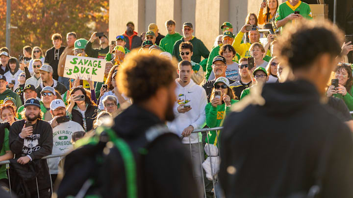 Oregon Ducks fans on the road before Friday night's game against Purdue. Oregon Ducks fans on the road before Friday night's game against Purdue.