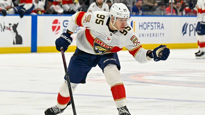 Mar 1, 2026; Elmont, New York, USA; Florida Panthers left wing Sandis Vilmanis (95) catches the puck against the New York Islanders during the first period at UBS Arena. Mandatory Credit: Dennis Schneidler-Imagn Images Mar 1, 2026; Elmont, New York, USA; Florida Panthers left wing Sandis Vilmanis (95) catches the puck against the New York Islanders during the first period at UBS Arena. Mandatory Credit: Dennis Schneidler-Imagn Images