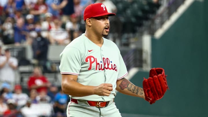 Aug 10, 2025; Arlington, Texas, USA;  Philadelphia Phillies relief pitcher Jhoan Duran (59) reacts after the game against the Texas Rangers at Globe Life Field. 