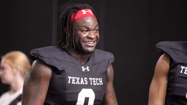 Texas Tech's Jesiah Pierre works out during football practice, Saturday, Aug. 5, 2023, at the Sports