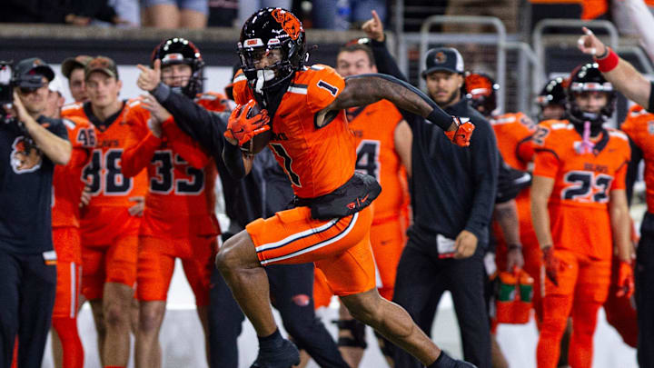 Oregon State Beavers wide receiver Darrius Clemons (1) runs after the catch during an NCAA football game against UNLV at Reser Stadium on Saturday, Oct. 19, 2024, in Corvallis, Ore. Oregon State Beavers wide receiver Darrius Clemons (1) runs after the catch during an NCAA football game against UNLV at Reser Stadium on Saturday, Oct. 19, 2024, in Corvallis, Ore.