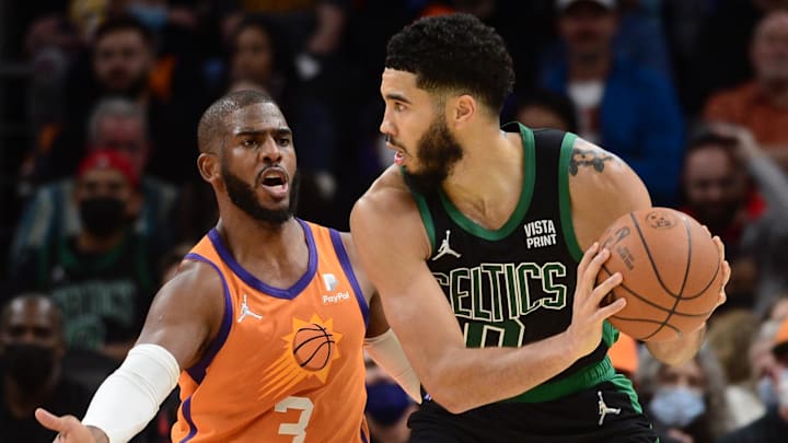 Dec 10, 2021; Phoenix, Arizona, USA; Phoenix Suns guard Chris Paul (3) guards Boston Celtics forward Jayson Tatum (0) during the second half at Footprint Center. Mandatory Credit: Joe Camporeale-Imagn Images Dec 10, 2021; Phoenix, Arizona, USA; Phoenix Suns guard Chris Paul (3) guards Boston Celtics forward Jayson Tatum (0) during the second half at Footprint Center. Mandatory Credit: Joe Camporeale-Imagn Images