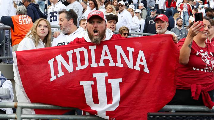 Nov 8, 2025; University Park, Pennsylvania, USA; An Indiana Hoosier fan celebrates following the game against the Penn State Nittany Lions at Beaver Stadium. Mandatory Credit: Matthew O'Haren-Imagn Images Nov 8, 2025; University Park, Pennsylvania, USA; An Indiana Hoosier fan celebrates following the game against the Penn State Nittany Lions at Beaver Stadium. Mandatory Credit: Matthew O'Haren-Imagn Images