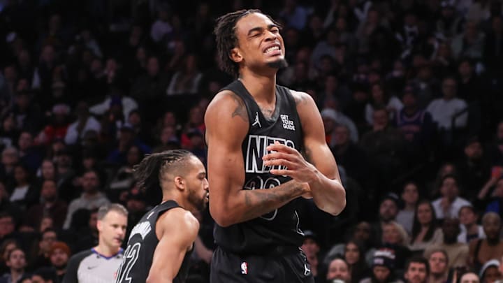 Jan 21, 2025; Brooklyn, New York, USA;  Brooklyn Nets center Nic Claxton (33) reacts after turning the ball over in the fourth quarter against the New York Knicks at Barclays Center. Mandatory Credit: Wendell Cruz-Imagn Images