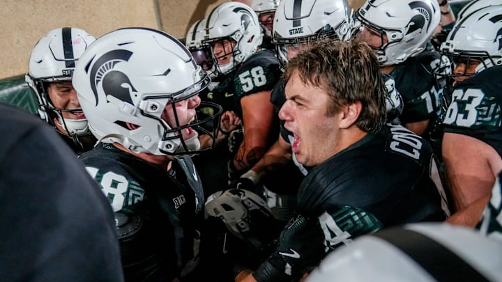 Michigan State's Jay Coyne, right, and Charlie Baker celebrate MSU's win over Boston College on Saturday, Sept. 6, 2025, at Spartan Stadium in East Lansing.
