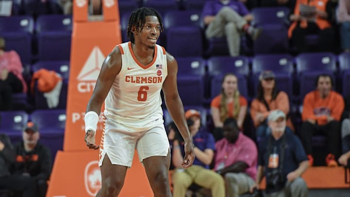 Clemson forward Myles Foster (6) in the game with Charleston Southern University during the first half at Littlejohn Coliseum in Clemson, S.C Monday, November 4, 2024.