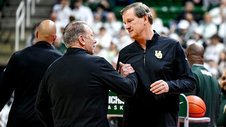 Michigan State's head coach Tom Izzo, left, and Oregon's head coach Dana Altman shake hands before the game on Saturday, Feb. 8, 2025, at the Breslin Center East Lansing.