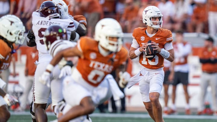Sep 28, 2024; Austin, Texas, USA;  Texas Longhorns quarterback Arch Manning (16) drops back to throw the ball against the Mississippi State Bulldogs at Darrell K Royal-Texas Memorial Stadium. Mandatory Credit: Mikala Compton/USA TODAY Network via Imagn Images