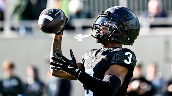 Michigan State's Montorie Foster Jr. catches a pass before the game against Indiana on Saturday, Nov. 2, 2024, at Spartan Stadium in East Lansing. Michigan State's Montorie Foster Jr. catches a pass before the game against Indiana on Saturday, Nov. 2, 2024, at Spartan Stadium in East Lansing.