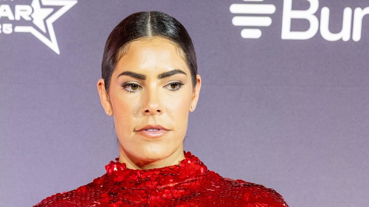 Jul 17, 2025; Indianapolis, IN, USA; Kelsey Plum arrives on the Orange Carpet to start the 2025 WNBA All-Star weekend at Indiana Convention Center. Mandatory Credit: Trevor Ruszkowski-Imagn Images