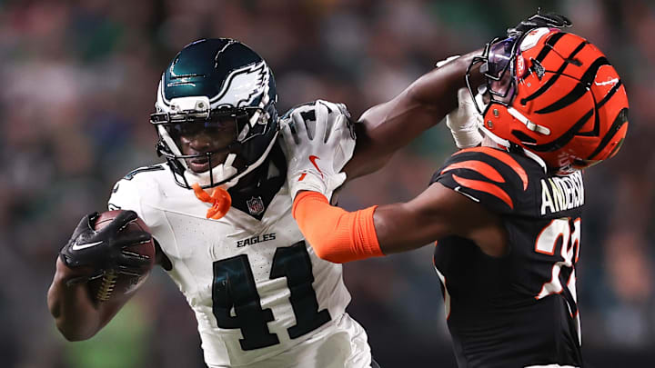 Aug 7, 2025; Philadelphia, Pennsylvania, USA; Philadelphia Eagles wide receiver Darius Cooper (41) runs with the ball against Cincinnati Bengals safety Tycen Anderson (26) after a catch during the second quarter at Lincoln Financial Field. Mandatory Credit: Bill Streicher-Imagn Images