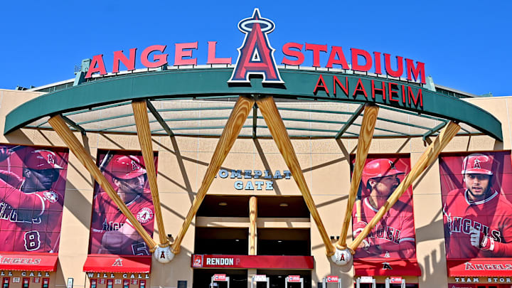 The main entrance to Angel Stadium as seen on May 6, 2021.