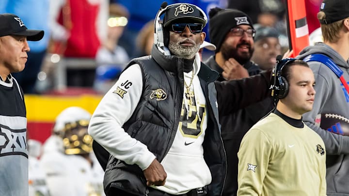 Colorado head coach Deion Sanders watches looks on as the Buffaloes face the Kansas Jayhawks. 