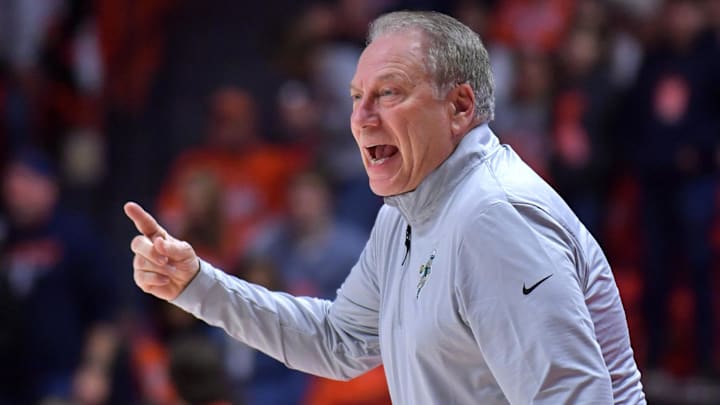 Feb 15, 2025; Champaign, Illinois, USA;  Michigan State Spartans head coach Tom Izzo during the first half against the Illinois Fighting Illini at State Farm Center. Mandatory Credit: Ron Johnson-Imagn Images