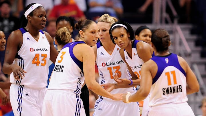 Sep 25, 2011; Phoenix, AZ, USA; Phoenix Mercury guard Diana Taurasi (3) , forward Nakia Sanford  (43) , Penny Taylor (13) , guard DeWanna Bonner (25) , and guard Ketia Swanier (11) while playing against the Minnesota Lynx at the US Airways Center.  The Lynx defeated the Mercury 103-86. Mandatory Credit: Jennifer Stewart-Imagn Images