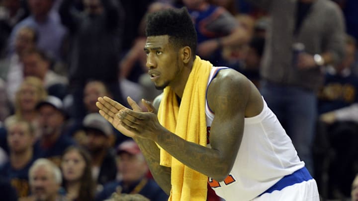 Oct 30, 2014; Cleveland, OH, USA; New York Knicks guard Iman Shumpert (21) reacts against the Cleveland Cavaliers at Quicken Loans Arena. New York won 95-90. Mandatory Credit: David Richard-Imagn Images Oct 30, 2014; Cleveland, OH, USA; New York Knicks guard Iman Shumpert (21) reacts against the Cleveland Cavaliers at Quicken Loans Arena. New York won 95-90. Mandatory Credit: David Richard-Imagn Images