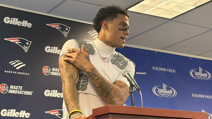 New England Patriots cornerback Christian Gonzalez speaks to the media after the team's 30-24 loss to the Chicago Bears on Thursday Night Football. New England Patriots cornerback Christian Gonzalez speaks to the media after the team's 30-24 loss to the Chicago Bears on Thursday Night Football.