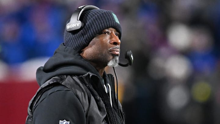 Jan 4, 2026; Orchard Park, New York, USA; New York Jets head coach Aaron Glenn looks on during the second half against the Buffalo Bills at Highmark Stadium. Mandatory Credit: Mark Konezny-Imagn Images