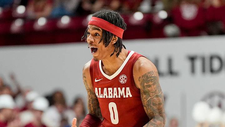 Dec 3, 2025; Tuscaloosa, AL, USA; Alabama guard Labaron Philon Jr. (0) celebrates after making a three pointer against Clemson at Coleman Coliseum. Alabama defeated Clemson 90-84 and Philon scored 29. Mandatory Credit: Gary Cosby Jr.-Tuscaloosa News
