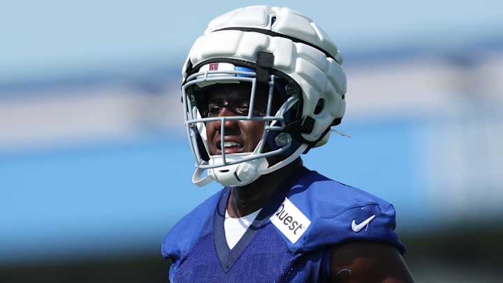 New York Giants running back Devin Singletary (26) on the field during training camp at Quest Diagnostics Training Center. New York Giants running back Devin Singletary (26) on the field during training camp at Quest Diagnostics Training Center.