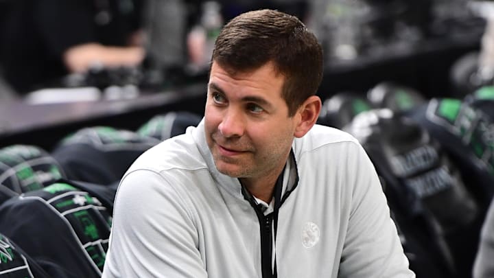 Apr 2, 2025; Boston, Massachusetts, USA; Boston Celtics general manager Brad Stevens prior to a game against the Miami Heat at TD Garden. Mandatory Credit: Bob DeChiara-Imagn Images