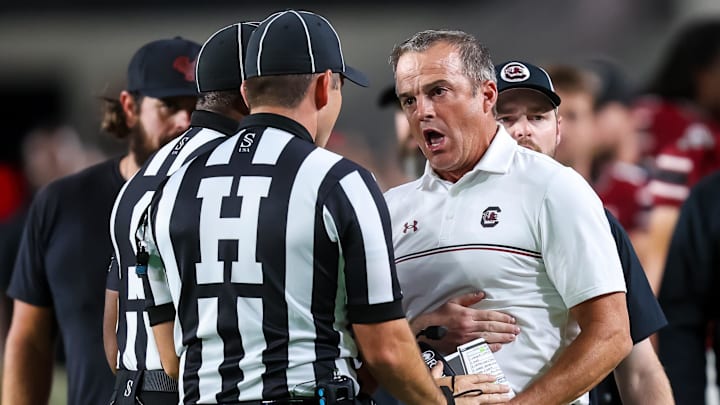Sep 13, 2025; Columbia, South Carolina, USA; South Carolina Gamecocks head coach Shane Beamer reacts to the play that knocked out his QB quarterback LaNorris Sellers (16) against the Vanderbilt Commodores in the second quarter at Williams-Brice Stadium. Mandatory Credit: Jeff Blake-Imagn Images Sep 13, 2025; Columbia, South Carolina, USA; South Carolina Gamecocks head coach Shane Beamer reacts to the play that knocked out his QB quarterback LaNorris Sellers (16) against the Vanderbilt Commodores in the second quarter at Williams-Brice Stadium. Mandatory Credit: Jeff Blake-Imagn Images