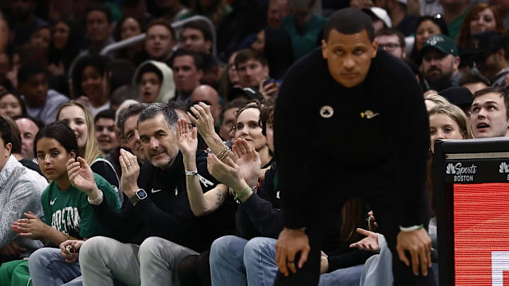 Apr 4, 2025; Boston, Massachusetts, USA; Bill Chisholm, who leads a group that is buying the Boston Celtics looks on past Boston Celtics head coach Joe Mazzulla during the second half of their game against the Phoenix Suns at TD Garden. Mandatory Credit: Winslow Townson-Imagn Images Apr 4, 2025; Boston, Massachusetts, USA; Bill Chisholm, who leads a group that is buying the Boston Celtics looks on past Boston Celtics head coach Joe Mazzulla during the second half of their game against the Phoenix Suns at TD Garden. Mandatory Credit: Winslow Townson-Imagn Images