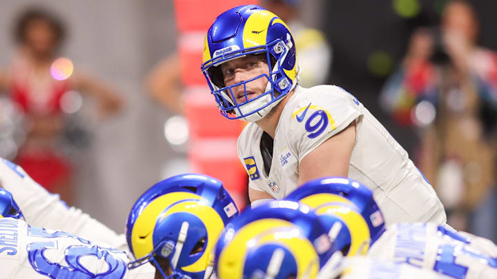 Dec 29, 2025; Atlanta, Georgia, USA; Los Angeles Rams quarterback Matthew Stafford (9) at the line of scrimmage against the Atlanta Falcons in the second quarter at Mercedes-Benz Stadium. Mandatory Credit: Brett Davis-Imagn Images Dec 29, 2025; Atlanta, Georgia, USA; Los Angeles Rams quarterback Matthew Stafford (9) at the line of scrimmage against the Atlanta Falcons in the second quarter at Mercedes-Benz Stadium. Mandatory Credit: Brett Davis-Imagn Images