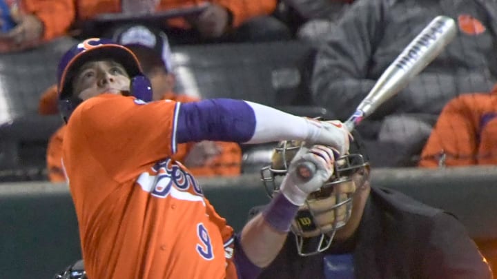 Clemson catcher Jacob Jarrell (9) bats against South Carolina during the bottom of the sixth inning at Doug Kingsmore Stadium in Clemson, S.C. Friday, February 28, 2025. Clemson catcher Jacob Jarrell (9) bats against South Carolina during the bottom of the sixth inning at Doug Kingsmore Stadium in Clemson, S.C. Friday, February 28, 2025.