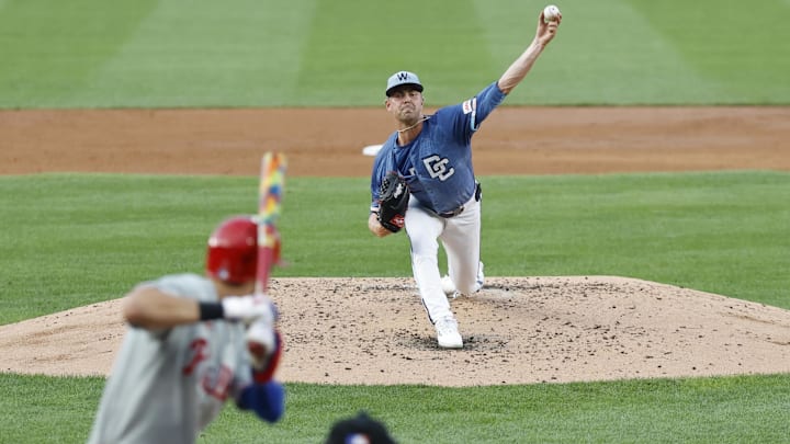Aug 15, 2025; Washington, District of Columbia, USA; Washington Nationals starting pitcher MacKenzie Gore (1) pitches against Philadelphia Phillies shortstop Trea Turner (7) during the second inning at Nationals Park. Mandatory Credit: Geoff Burke-Imagn Images Aug 15, 2025; Washington, District of Columbia, USA; Washington Nationals starting pitcher MacKenzie Gore (1) pitches against Philadelphia Phillies shortstop Trea Turner (7) during the second inning at Nationals Park. Mandatory Credit: Geoff Burke-Imagn Images