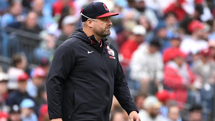 May 24, 2026: Cleveland Guardians manager Stephen Vogt (12) walks to the mound against the Philadelphia Phillies at Citizens Bank Park. 