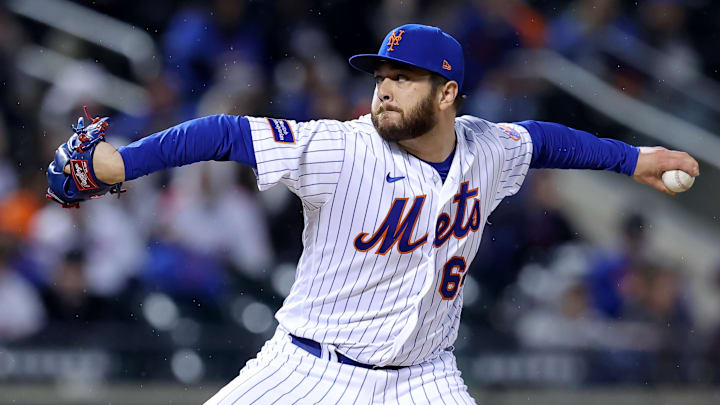 Sep 28, 2023; New York City, New York, USA; New York Mets relief pitcher Anthony Kay (64) pitches against the Miami Marlins during the ninth inning at Citi Field. Mandatory Credit: Brad Penner-Imagn Images