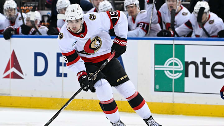 Ottawa Senators right wing Drake Batherson skates with the puck against the New York Rangers.