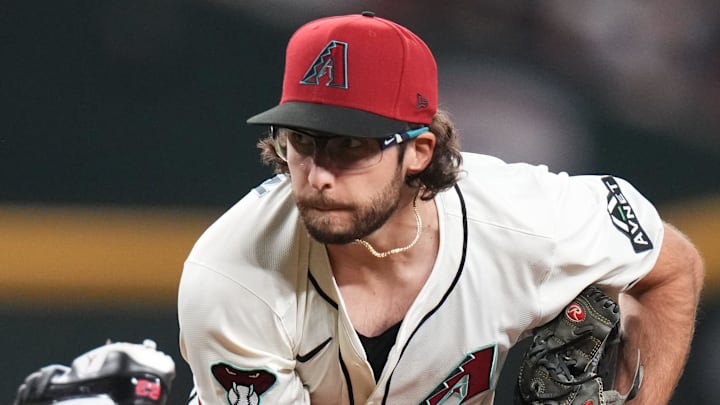 Arizona Diamondbacks Zac Gallen (23) pitches during their Opening Day game against the Chicago Cubs at Chase Field in Phoenix on March 27, 2025.