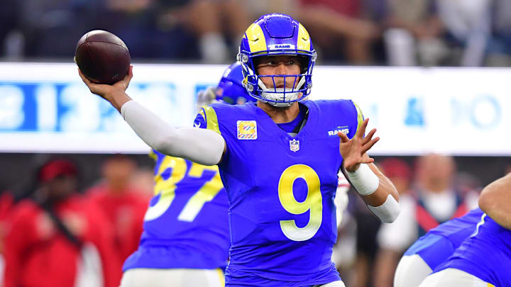 Oct 2, 2025; Inglewood, California, USA; Los Angeles Rams quarterback Matthew Stafford (9) drops back to pass against the San Francisco 49ers during the first half at SoFi Stadium. Mandatory Credit: Gary A. Vasquez-Imagn Images Oct 2, 2025; Inglewood, California, USA; Los Angeles Rams quarterback Matthew Stafford (9) drops back to pass against the San Francisco 49ers during the first half at SoFi Stadium. Mandatory Credit: Gary A. Vasquez-Imagn Images