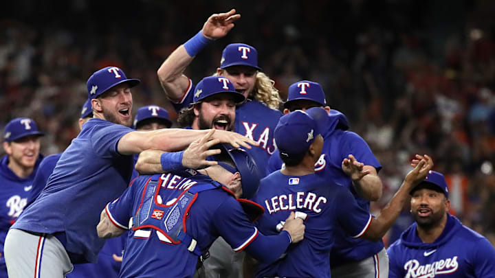 October 23, 2023; Houston, TX; The Texas Rangers celebrate their win over the Houston Astros in Game 7 of the 2023 ALCS.