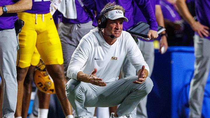 Oct 3, 2026; Baton Rouge, Louisiana, USA;  LSU Tigers head coach Lane Kiffin reacts to a play against the McNeese Cowboys during the second half at Tiger Stadium.  Mandatory Credit: Stephen Lew-Imagn Images