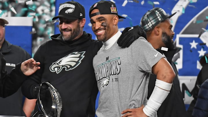 Philadelphia Eagles head coach Nick Sirianni and quarterback Jalen Hurts (1) after defeating the Washington Commanders in the NFC Championship game at Lincoln Financial Field.