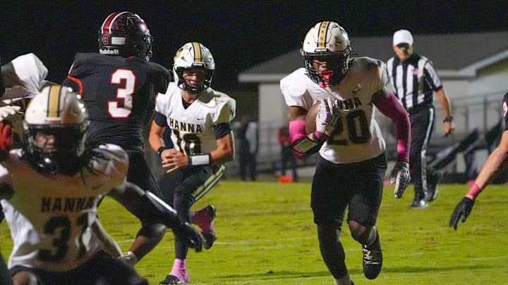 T.L. Hanna scores during the second quarter at Hillcrest High School in Simpsonville, S.C. Friday, October 3, 2025.