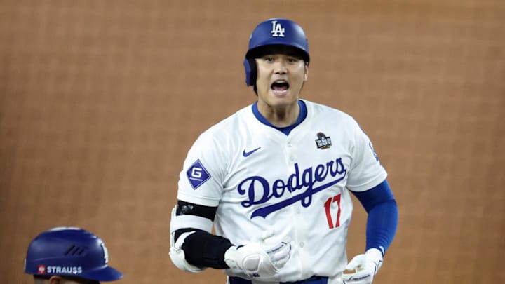 Los Angeles Dodgers designated hitter Shohei Ohtani on third base. 