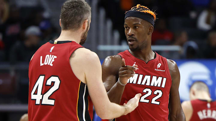 Dec 16, 2024; Detroit, Michigan, USA; Miami Heat forward Kevin Love (42) talks to forward Jimmy Butler (22) in the second half against the Detroit Pistons at Little Caesars Arena. Mandatory Credit: Rick Osentoski-Imagn Images Dec 16, 2024; Detroit, Michigan, USA; Miami Heat forward Kevin Love (42) talks to forward Jimmy Butler (22) in the second half against the Detroit Pistons at Little Caesars Arena. Mandatory Credit: Rick Osentoski-Imagn Images