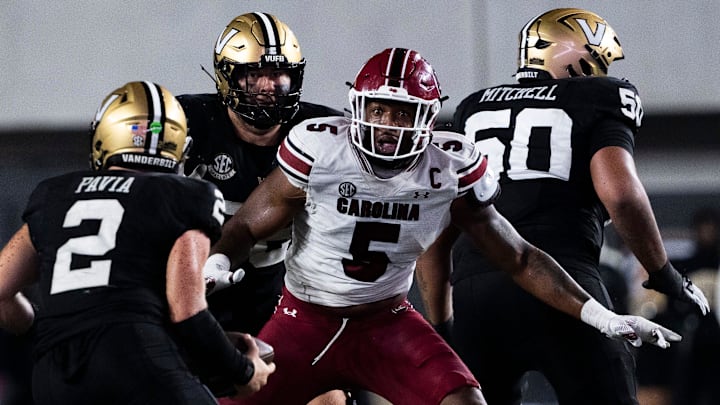 South Carolina Gamecocks edge Kyle Kennard reacts as Vanderbilt Commodores quarterback Diego Pavia protects the ball during the second half.